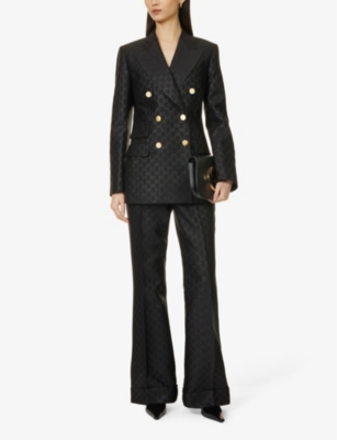 Shop Gucci Women's Black Double-breasted Monogram-pattern Wool-blend Blazer