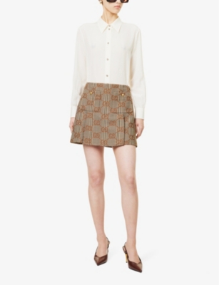 Shop Gucci Women's Beige Brown Mc Monogram-pattern A-line Wool Mini Skirt