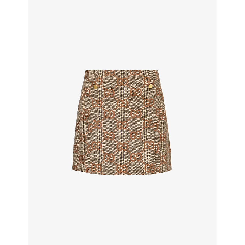 Shop Gucci Women's Beige Brown Mc Monogram-pattern A-line Wool Mini Skirt