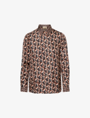 Gucci Womens Beige Brown Mc Brand-pattern Collared Silk Shirt