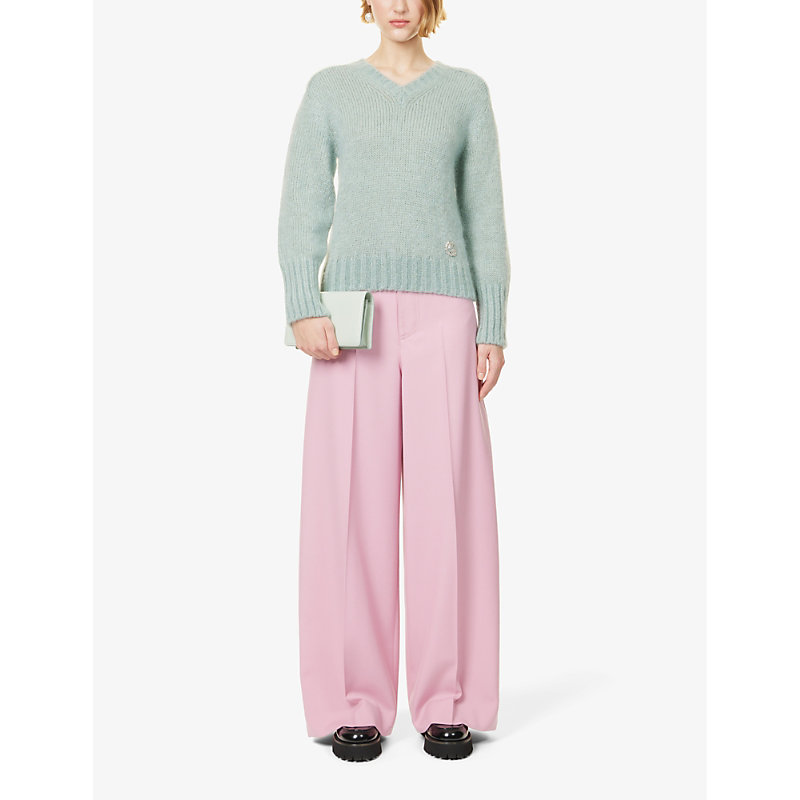 Shop Gucci Pressed-crease High-rise Wide-leg Wool Trousers In Dream Candy