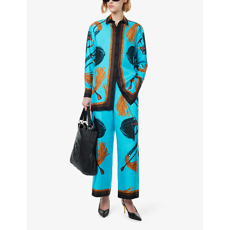 Shop Gucci Women's Turquoise Brown Mc Wide-leg High-rise Silk Trousers