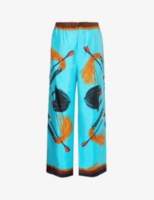 Shop Gucci Women's Turquoise Brown Mc Wide-leg High-rise Silk Trousers