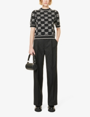 Shop Gucci Women's Black Ivory Monogram-pattern Bouclé-texture Wool-knit Top
