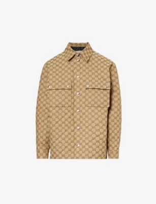 Shop Gucci Womens Camel Ebony Mix Monogram-patterned Padded Cotton-blend Shirt