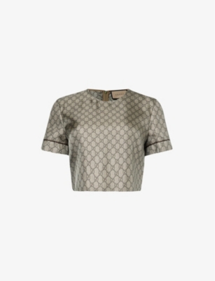 GUCCI: Monogram-pattern cropped silk top