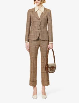 Shop Gucci Horsebit Check-patterned Flared-leg Wool Trousers In Beige Brown