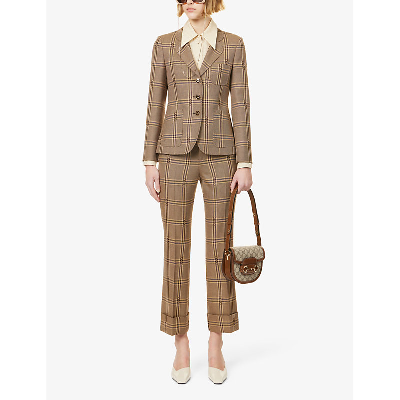 Shop Gucci Women's Beige Brown Horsebit Check-patterned Flared-leg Wool Trousers