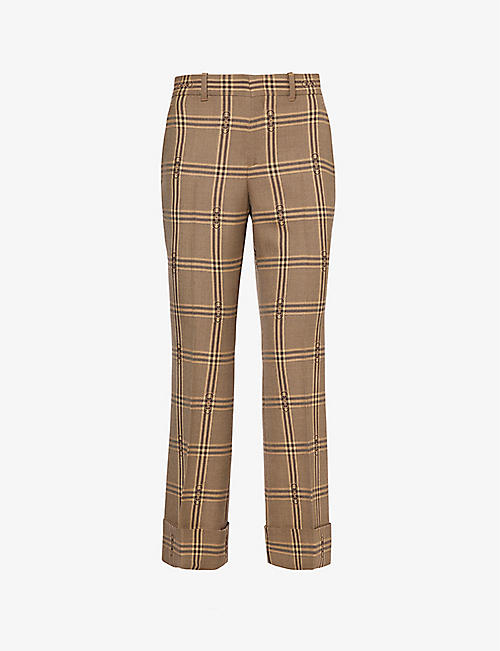 GUCCI: Horsebit check-patterned flared-leg wool trousers