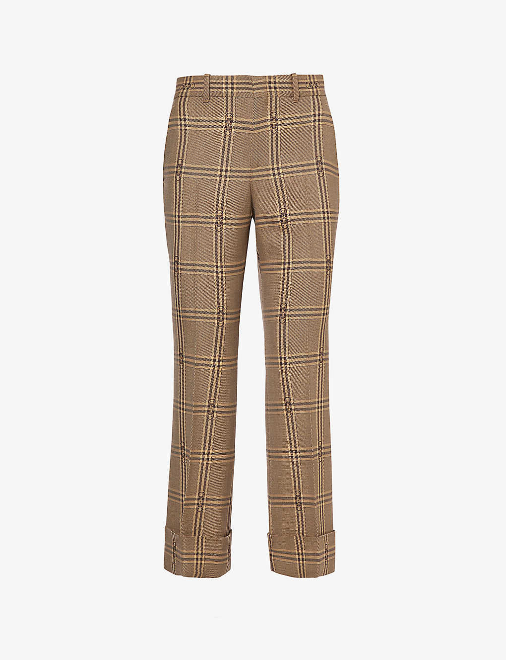Gucci Womens Beige Brown Horsebit Check-patterned Flared-leg Wool Trousers