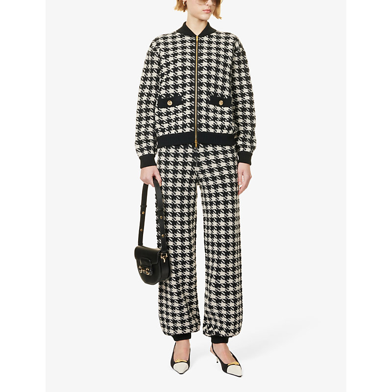 Shop Gucci Womens Black Ivory Houndstooth Zip-front Wool-knit Jacket In Monochrome