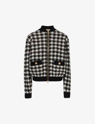 GUCCI: Houndstooth zip-front wool-knit jacket