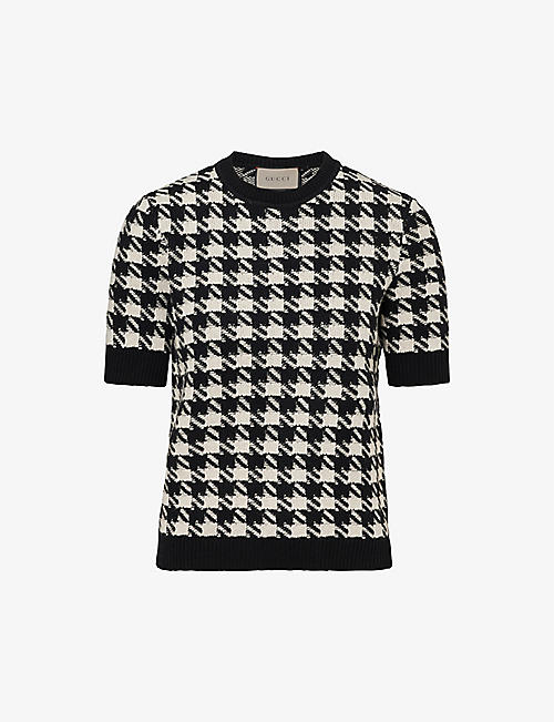 GUCCI: Houndstooth short-sleeved wool-knit jumper