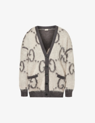 GUCCI Logo intarsia relaxed fit wool blend cardigan Selfridges