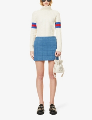 Shop Gucci Womens Ivory Blue Red Cable-knit Turtleneck Wool And Cashmere-knit Jumper In Multi-coloured