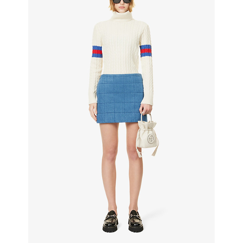 Shop Gucci Womens Ivory Blue Red Cable-knit Turtleneck Wool And Cashmere-knit Jumper In Multi-coloured