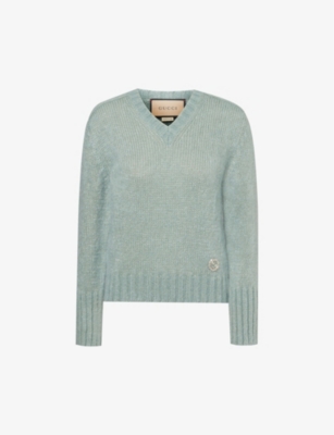 GUCCI: Crystal-embellished V-neck wool-blend jumper