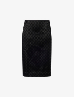 Gucci Womens Black Mix Monogram-pattern Slim-fit Stretch-woven Midi Skirt In Black