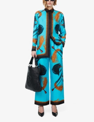 Shop Gucci Women's Turquoise Brown Mc Graphic-pattern Collar Silk Shirt