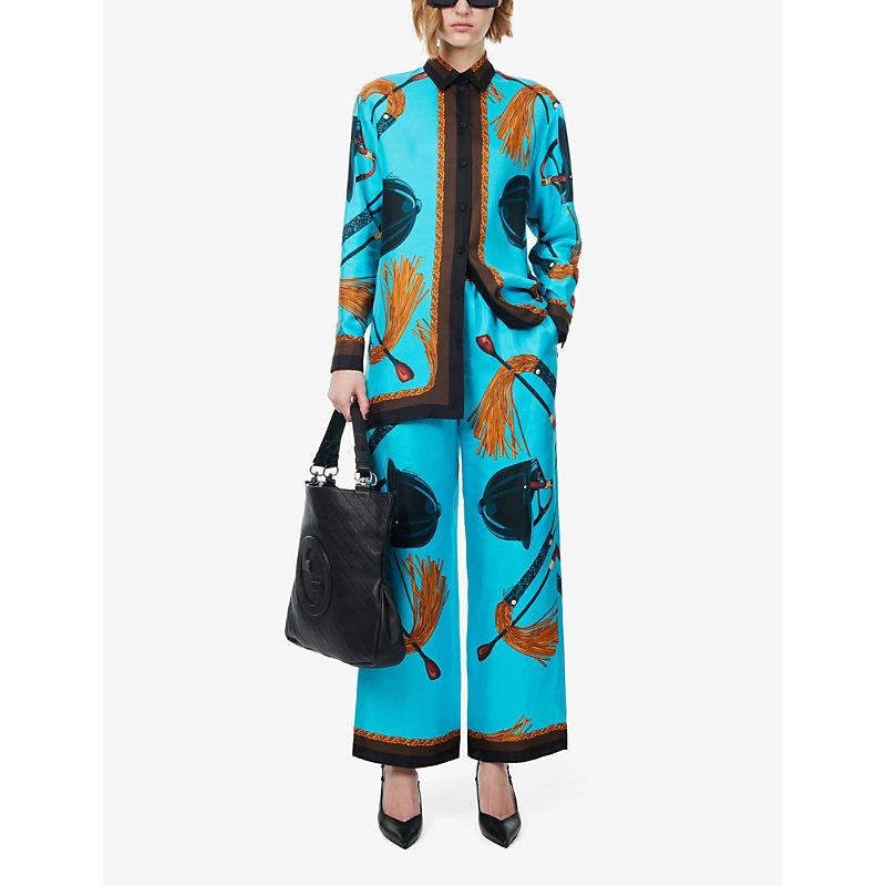 Shop Gucci Graphic-pattern Collar Silk Shirt In Turquoise Brown Mc