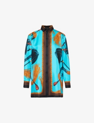 Shop Gucci Women's Turquoise Brown Mc Graphic-pattern Collar Silk Shirt