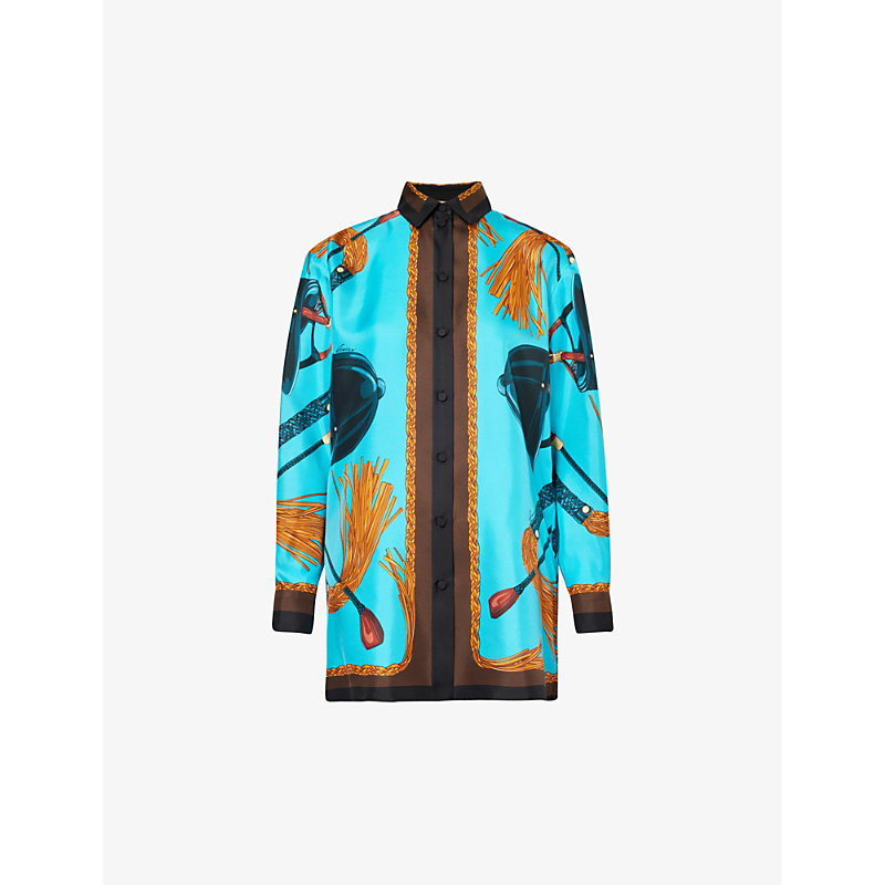 Shop Gucci Graphic-pattern Collar Silk Shirt In Turquoise Brown Mc