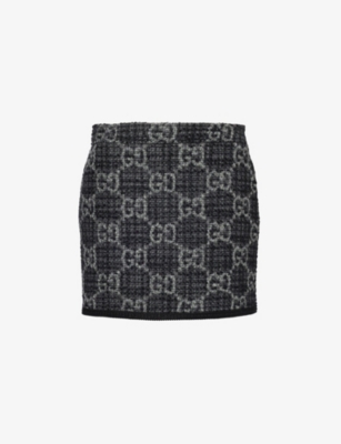 Shop Gucci Monogram-pattern Wool And Cotton-blend Mini Skirt In Grey