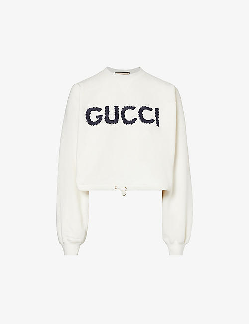 GUCCI: Brand-embroidered drawstring-hem cotton-jersey sweatshirt