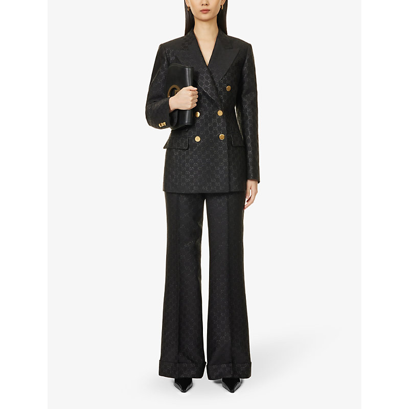 Shop Gucci Flared-leg Mid-rise Wool-blend Trousers In Black