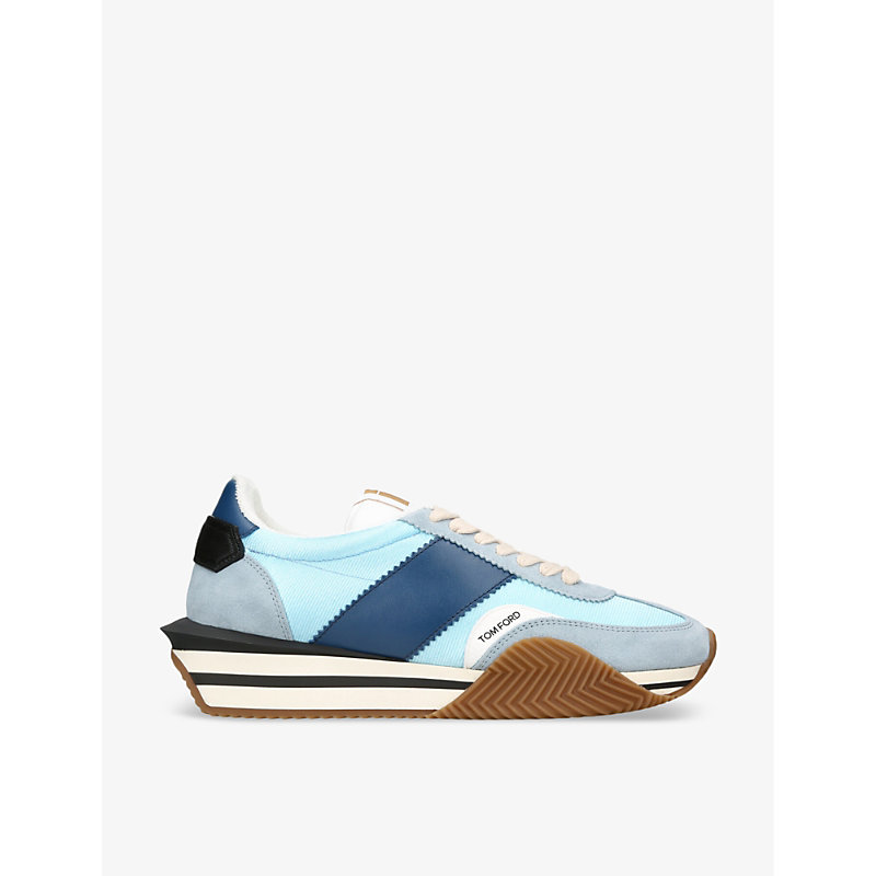 Tom Ford Mens Blue Other James Logo-print Leather And Suede Low-top Trainers