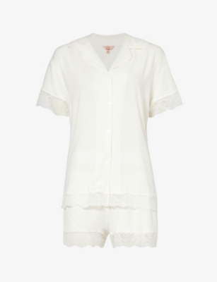 Shop Eberjey Women's Ivory Malou Lace-trimmed Stretch-modal Pyjama Set