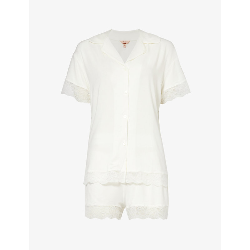 Shop Eberjey Women's Ivory Malou Lace-trimmed Stretch-modal Pyjama Set