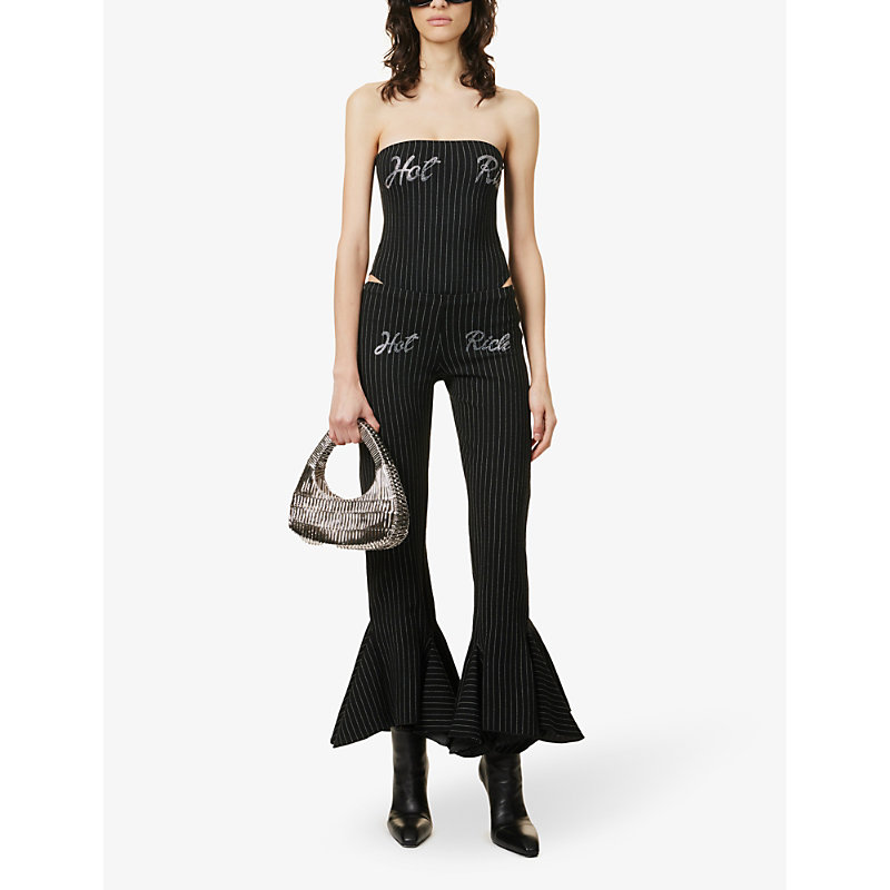 Shop Avavav Womens Black Pinstripe Hot Rich Mid-rise Flared-leg Cotton-blend Trousers