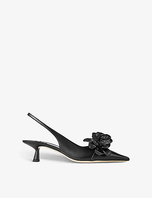 JIMMY CHOO: Amita flower-embellished leather slingback heels