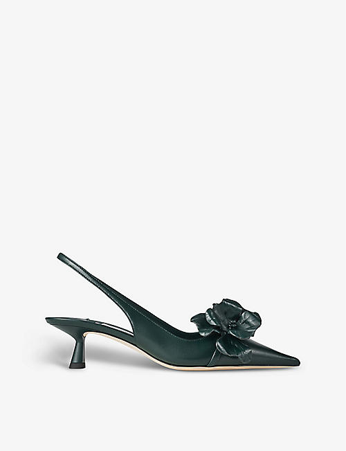 JIMMY CHOO: Amita flower-embellished leather heeled slingback courts