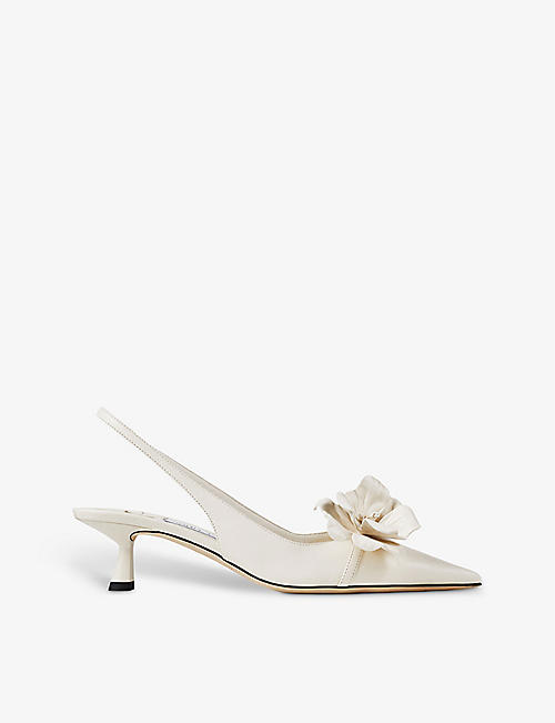 JIMMY CHOO: Amita flower-embellished leather heeled slingback courts