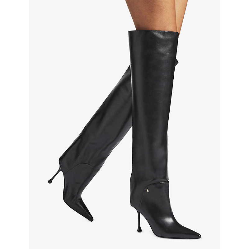 Shop Jimmy Choo Women's Black Cycas Pointed-toe Leather Heeled Knee-high Boots