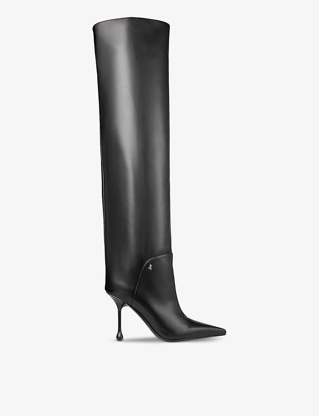 Shop Jimmy Choo Women's Black Cycas Pointed-toe Leather Heeled Knee-high Boots