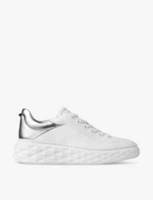 Shop Jimmy Choo Women's V White/silver Diamond Maxi Brand-embossed Leather Low-top Trainers