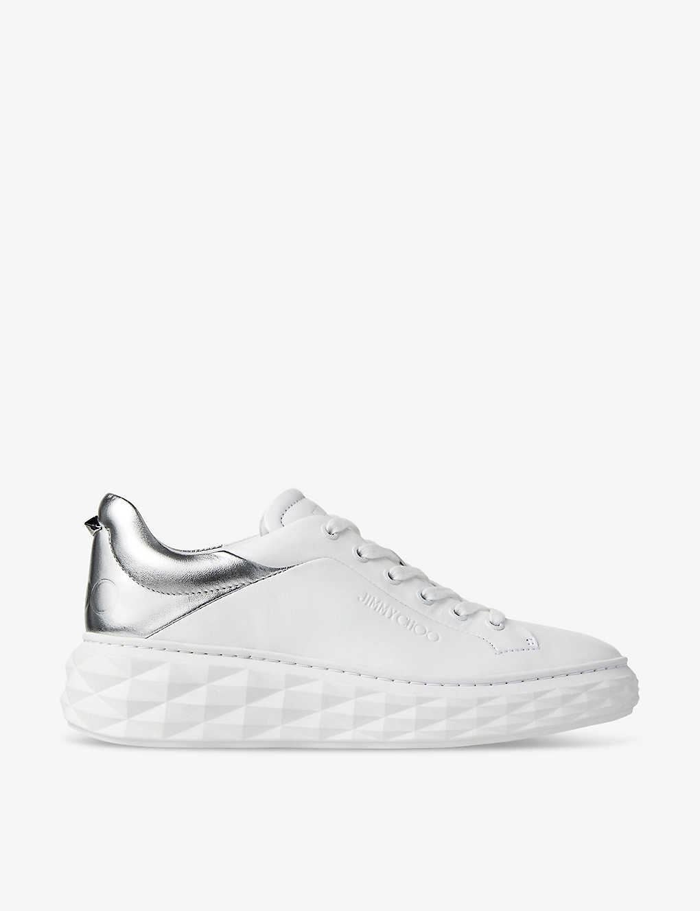 Shop Jimmy Choo Womens V White/silver Diamond Maxi Brand-embossed Leather Low-top Trainers