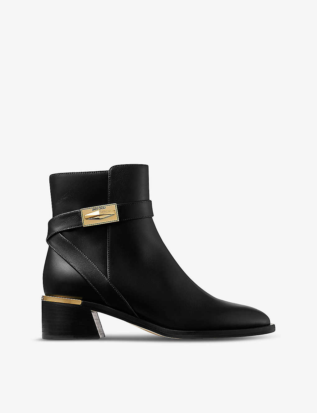 Shop Jimmy Choo Women's Black/gold Diantha 45 Brand-plaque Leather Heeled Ankle Boots