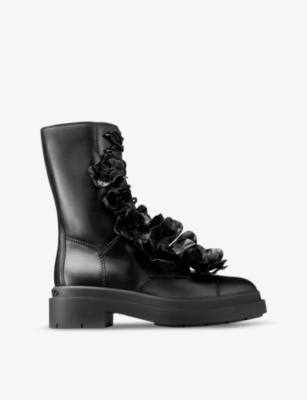 JIMMY CHOO: Nari flower-embellished lace-up leather boots