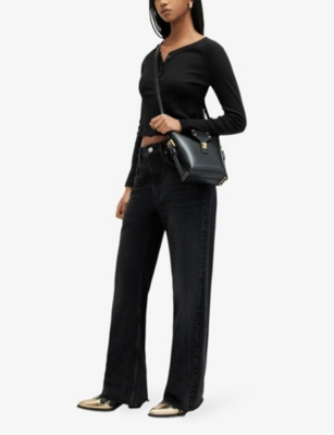 Shop Allsaints Women's Black Benny Button-neck Long-sleeve Stretch-cotton Top
