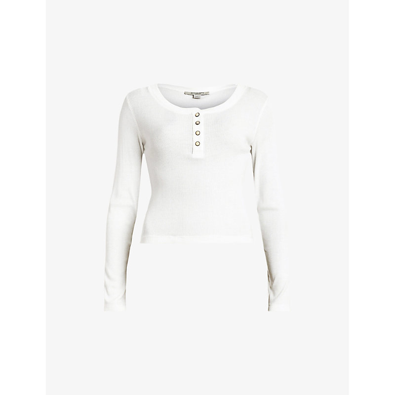Shop Allsaints Benny Button-neck Long-sleeve Stretch-cotton Top In Chalk White