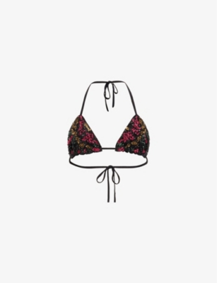 Shop Allsaints Women's Black Jamilia Floral-embroidered Tie-neck Stretch-woven Bikini Top
