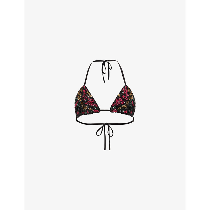 Shop Allsaints Women's Black Jamilia Floral-embroidered Tie-neck Stretch-woven Bikini Top