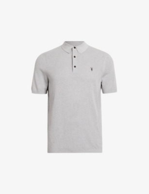 Shop Allsaints Men's Grey Marl Aubrey Logo-embroidered Knitted Organic-cotton Polo