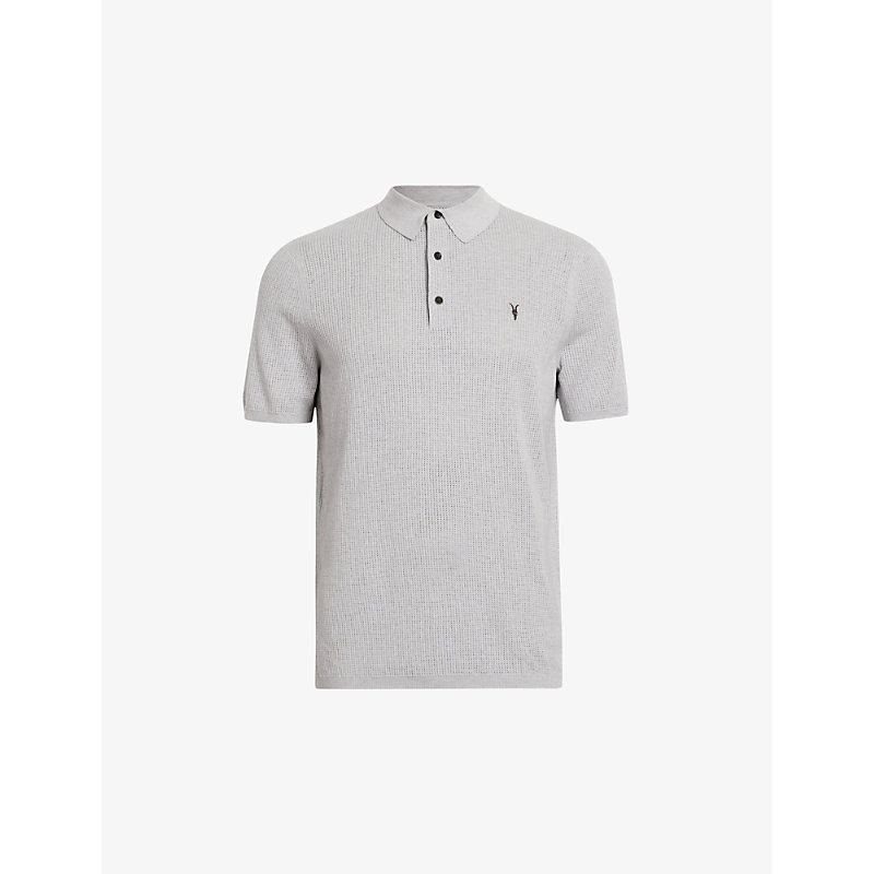 Shop Allsaints Aubrey Logo-embroidered Knitted Organic-cotton Polo In Grey Marl