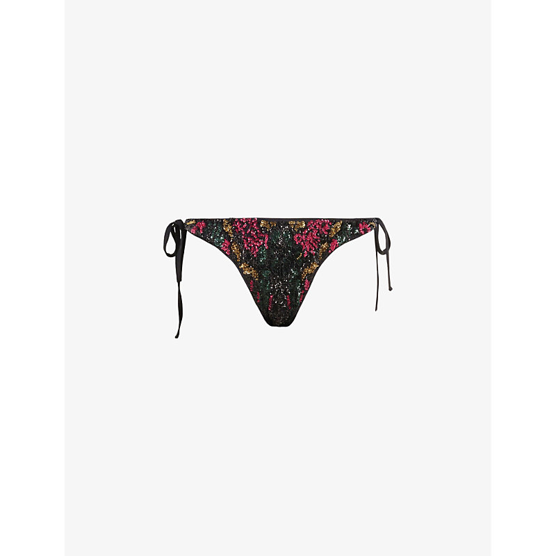 Shop Allsaints Women's Black Jamilia Floral-embroidered Side-tie Stretch-woven Bikini Bottoms