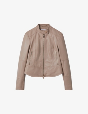 REISS: Lola stand-collar leather biker jacket